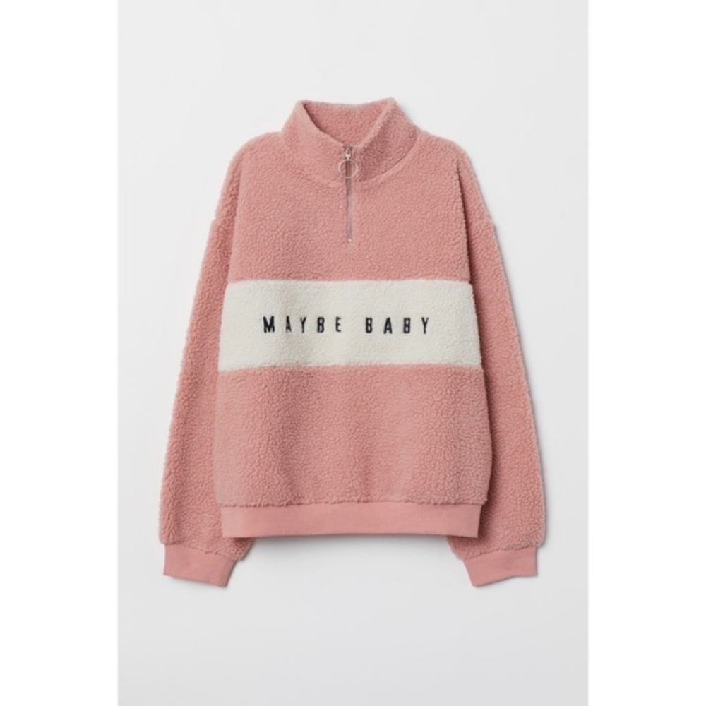 Pink and White Maybe Baby 1/4 Zip Sherpa Pullover Faux Shearling